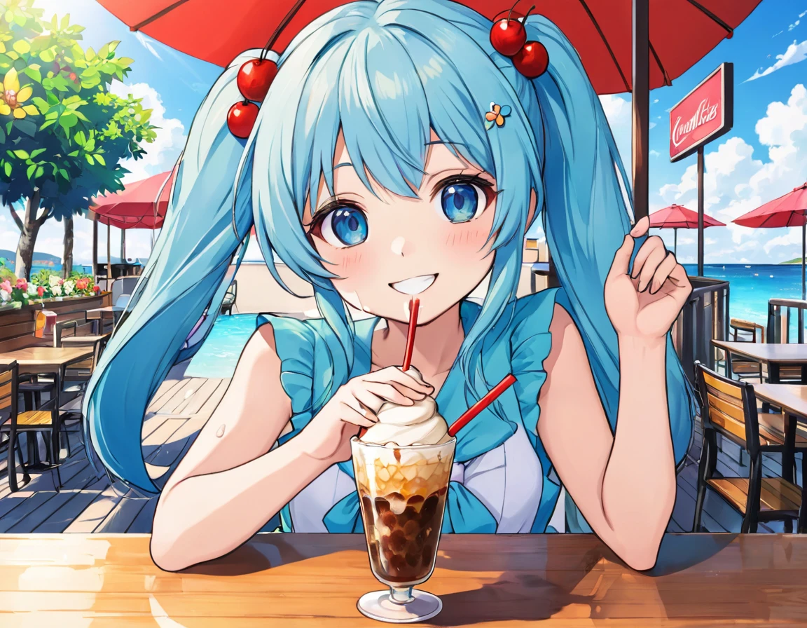Ice cream and red cherry on a green drink in a seaside cafe decorated with flowers、girl, Light blue long hair、Beautiful girl with twin tails、Bright smile、cream soda、Cute realistic portrait, かわいいgirlのアニメビジュアル, ソーダをテーマにしたgirl, かわいいアニメのgirl,With a straw, Splash art anime