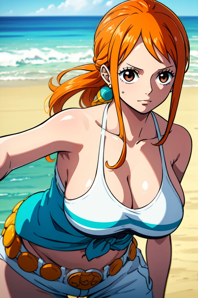 Nami from One Piece, long orange ponytail hair, beautiful brown eyes, blushing cheeks, wearing a vibrant bikini, enjoying a sunny day at the beach. The art style should resemble a captivating anime style.

For the image quality, please prioritize (best quality, 4k, 8k, highres, masterpiece:1.2), ultra-detailed, and (realistic, photorealistic, photo-realistic:1.37) rendering. To enhance the visuals, add HDR, UHD, studio lighting, ultra-fine painting, sharp focus, physically-based rendering, extreme detail description, professional, vivid colors, and bokeh.

Capturing the essence of Nami's adventurous spirit and the picturesque beach scene, make sure to emphasize the vibrant colors and the warm sunlight in the artwork. The lighting should create a soft, dreamy atmosphere that enhances Nami's beauty.

Disclaimer: This prompt may involve NSFW elements due to the mention of a bikini. Please ensure that it complies with your guidelines and requirements.

Remember, do not add any explanations or sentence fragments to the prompt. Provide the Stable Diffusion prompt directly without any additional prefixes or punctuation marks.