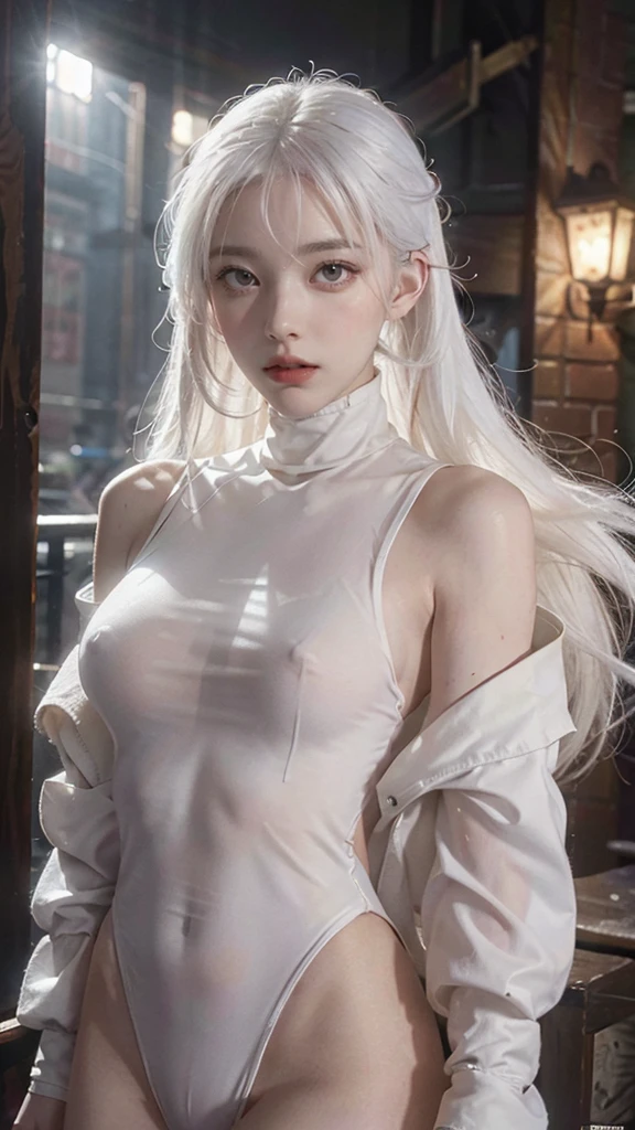 1girl, (solo), anime girl with long white hair and red eyes, girl with white hair, girl in white turtleneck, ((eyepatch)), pointed ears, ((vampire)), smirk, smug, closed mouth, cowboy shot, perfect white haired girl, white haired deity, digital cyberpunk anime art, turtleneck, lens flare, ((dramatic lighting)), soft glowing red eyes, extremely detailed, masterpiece, looking at viewer, city in background, (night)