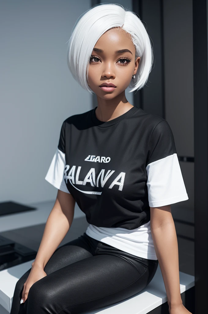 black female, 3d pixar style, short straight white hair, Round face, wearing a t-shirt and black pants