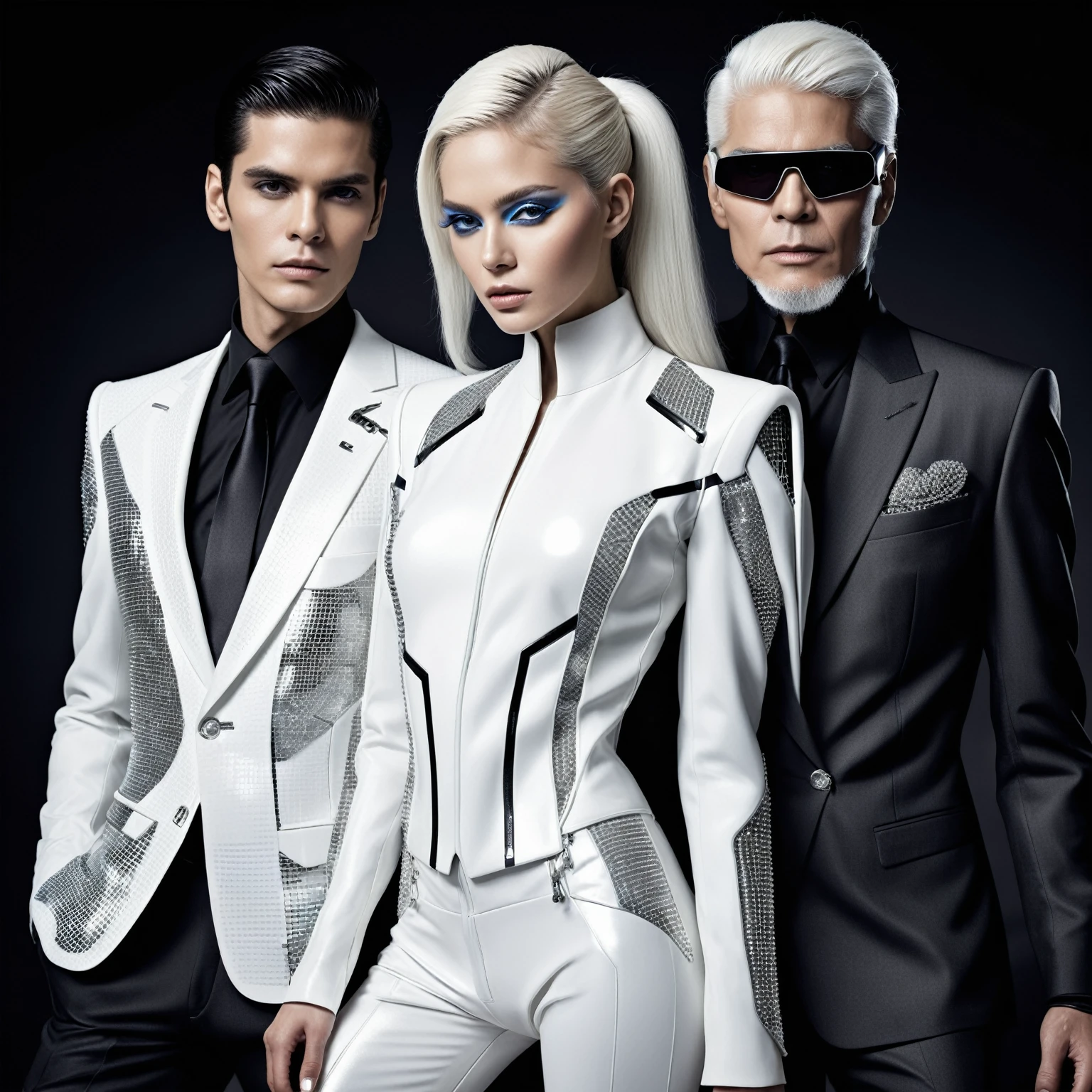arafed image of a man and a woman in a suit and tie, three futuristic princes, futuristic clothing by Karl Lagerfeld, wearing futuristic white suit, wearing futuristic clothing, cybersuits, futuristic clothes, futuristic cyber clothing, futuristic fashion clothing, biopunk futuristic wardrobe, cyber suit, futuristic fashion, futuristic tech wear, diverse cybersuits, cyber wear, futuristic royalty