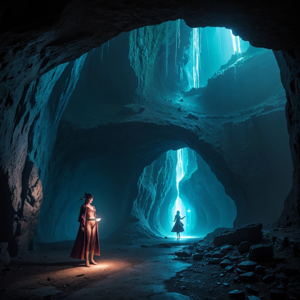 A fascinating 3D illustration of a seductive and charming magical famele elf genie emerging from an ancient oil lamp, held by an old worn hobbit. The genie elf, dressed in a stunning bright blue robe, sports a cascade of hair and a captivating, knowing expression. Her bright blue skin and radiant eyes exude an otherworldly energy. The cave where the old hobbit resides is illuminated by enchanting blue neon lights, creating an atmosphere of wonder and limitless imagination. The architectural details of the cave transport the viewer to a realm of modern mystique and vibrant fantasy., fashion, vibrant