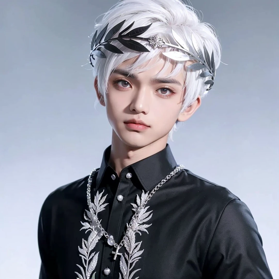 Handsome boy, white hair, pink eyes, silver laurel wreath on his head, wearing black barong tagalog, silver cross necklace