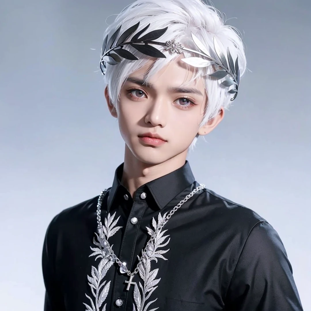 Handsome boy, white hair, pink eyes, silver laurel wreath on his head, wearing black barong tagalog, silver cross necklace