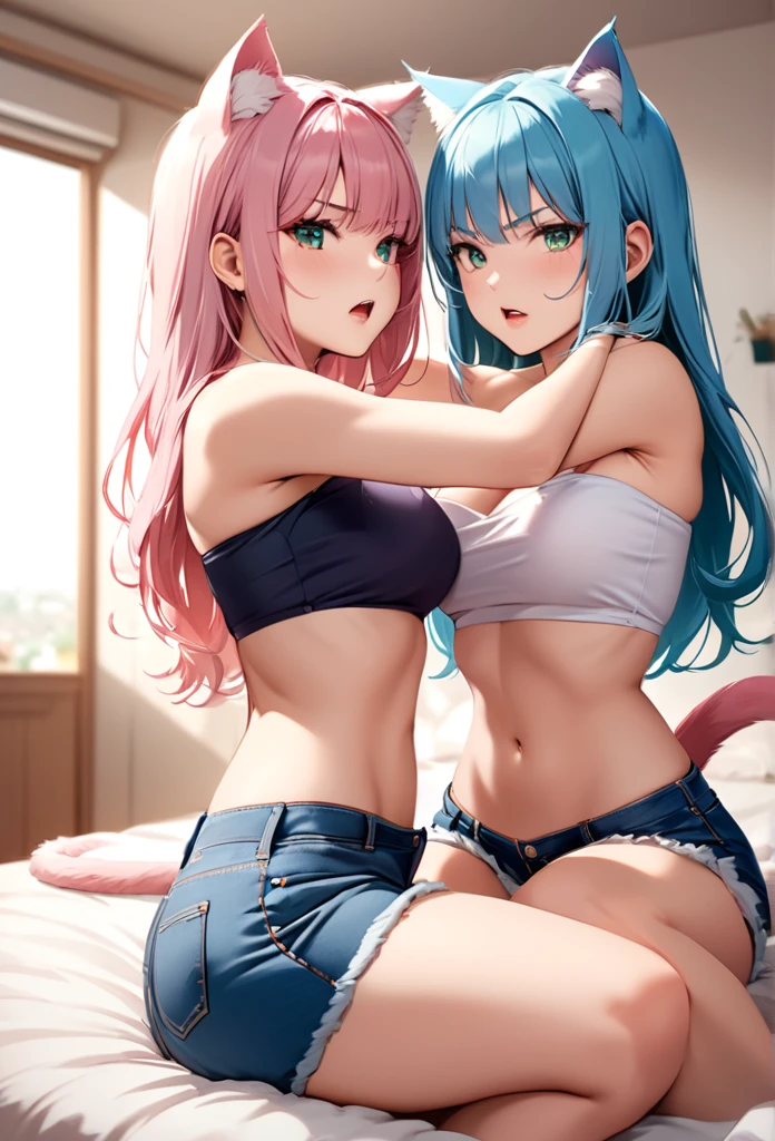 Sexy Posing, Female, 30 years old, cute, eyeliner, long hair, tube top, jean shorts, bedroom eyes, catgirl, cat ears, bedroom background, 8k, hi res, (best quality, masterpiece), green eyes, cat tail, Duo, twins , angry, 1 light blue hair, 1 light pink hair, lying down on bed pushing each other, fighting