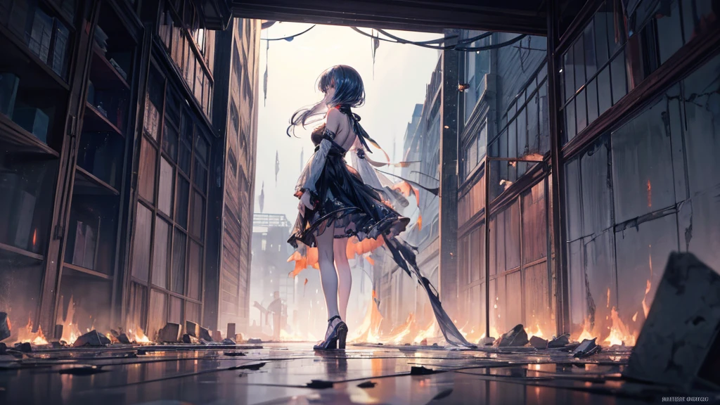 An anime girl standing alone in the aftermath of a ruined relationship, surrounded by the wreckage of broken promises. The scene is set under the dim light of the moon, casting long shadows that reflect her inner turmoil. She has a determined and resolute expression, symbolizing her strength to move on. The background is filled with scattered pieces of a broken heart, fragments of shattered memories, and hints of fire and flames that represent the intensity of her past emotions. Despite the desolation, there is a glimmer of hope in her eyes as she looks towards a new beginning. The scene captures a moment of reflection and empowerment, with soft, somber lighting enhancing the emotional depth. The overall mood is one of resilience and healing, as she prepares to build a new tomorrow from the lessons of her past.
