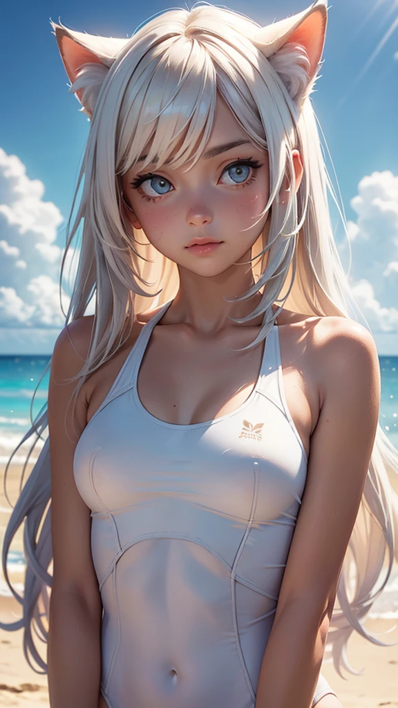 (high resolution, upper body, soft skin:1.2),(best illustration,masterpiece:1.2),ultra-detailed,[(cat ears , white inside:1.2, brown cat eyes, white long hair),vivid colors,sharp focus,portrait, beach lighting,bokeh, wearing a orange sport swimsuit, beach background, lying on a beach towel