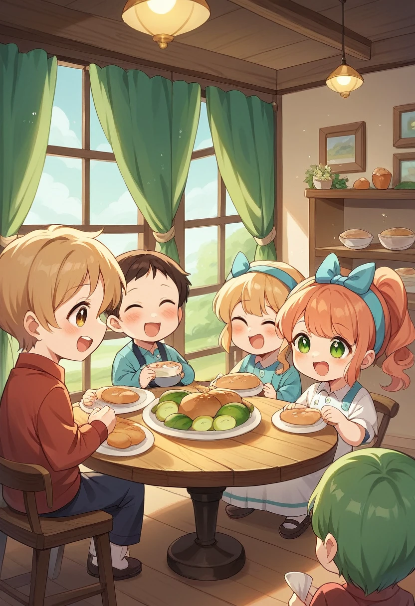 A warm, cozy family dinner scene in a rustic dining room. The room is softly lit by a chandelier, casting a golden glow on the wooden dining table. The table is set with a delicious homemade meal, including a roasted turkey, mashed potatoes, green beans, and freshly baked bread. Family members of different ages are gathered around the table, smiling and engaged in cheerful conversation. Children are laughing, and grandparents are sharing stories. The atmosphere is filled with love, warmth, and a sense of togetherness