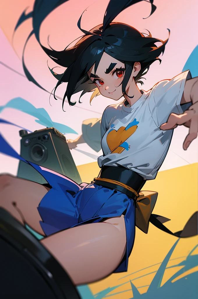anime style,artistic, masterpiece,best quality,ssuper detailed,super fine illustration, highly detailed, dynamic angle, beautiful detailed, 8k,detailed background, On a summer afternoon, in a recording music studio, BREAK a female musician is singing in front of the viewer. She is wearing a white T-shirt with a graffiti art-style cat illustration.Break very short hair,flat chest,black hair,red-eyes,(full-face brasched:1.3),perfect hands,perfect fingers,Tsurime,(thick eyebrows:1.3),Break holding microphone,put on headset,pov,from front,smile,perfect legs,cool,simple background,