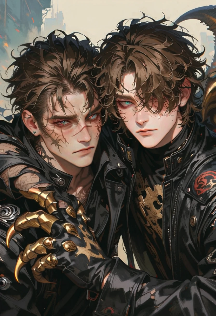 style 9, a man with brown hair cut low, a large claw scar on the right side of his face up to his eye, the left eye is Honey and the right eye is old apocalyptic clothing, gloves,