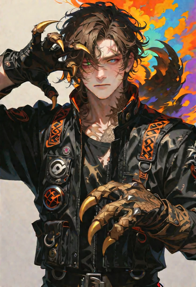 style 9, a man with brown hair cut low, a large claw scar on the right side of his face up to his eye, the left eye is Honey and the right eye is old apocalyptic clothing, gloves,