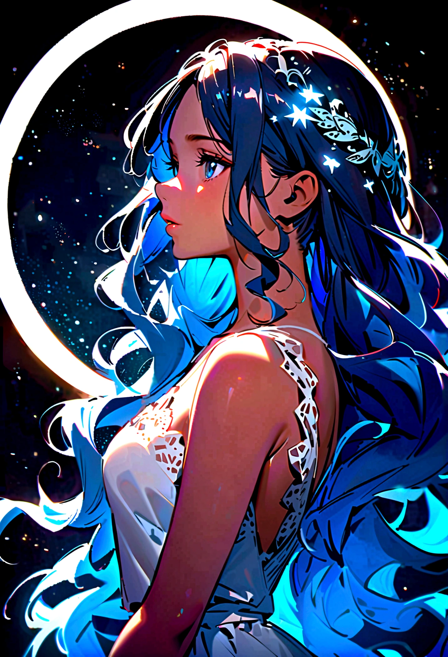 A beautiful girl, big elongated eyes, dark brown blue eyes, long blue hair, soft lips, brown skin, blue flowing hair, wavy hair, hair bangs, glowy stars on hair, white tip with light blue, side pose, glow, fantasy, starry sky