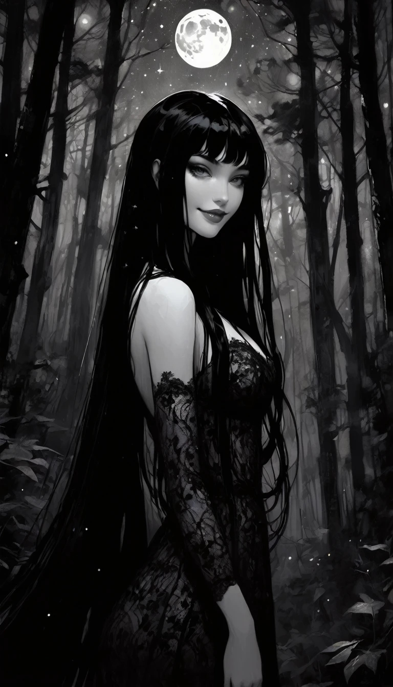 magical girl, very long black hair, very sexy lace dress, naked sinister forest, magic, fantastic, night sky, moons, stars, background, nsfw, face full week, week in face, week in body, all week full, smile, (art inspired by Bill Sienkiewicz). oil painting) black and white image
