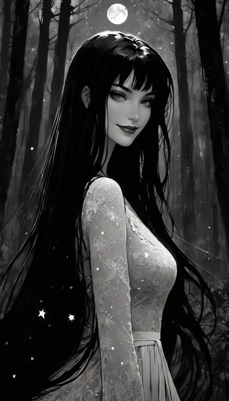 magical girl, very long black hair, very sexy lace dress, naked sinister forest, magic, fantastic, night sky, moons, stars, background, nsfw, face full week, week in face, week in body, all week full, smile, (art inspired by Bill Sienkiewicz). oil painting) black and white image