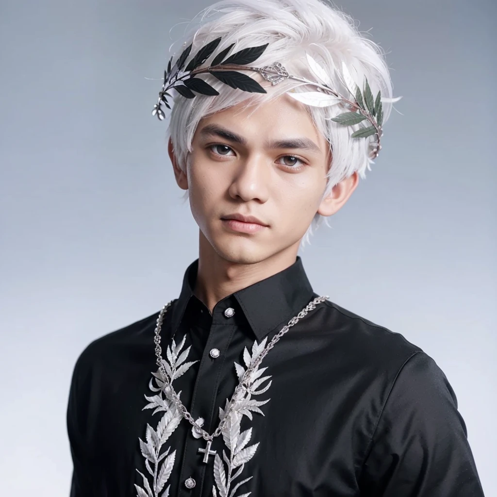 Handsome boy, white hair, pink eyes, silver laurel wreath on his head, wearing black barong tagalog, silver cross necklace