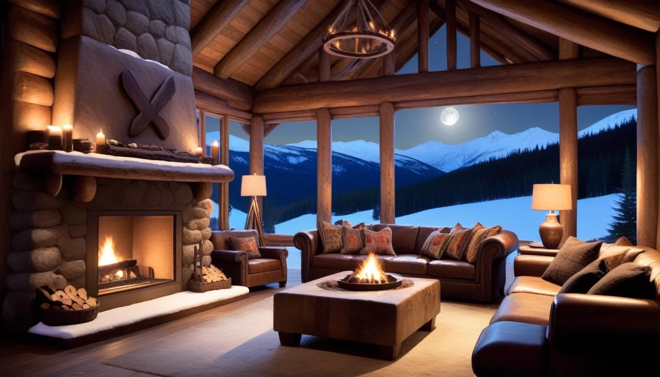 at night, frontal shot rustic mountain lodge, the warm light of the fireplace reflects just a little inside the lodge, creating a cozy atmosphere. Dark wood, furs, and thick textiles add a rustic touch, Large windows frame a snow-covered valley bathed in the light of the full moon