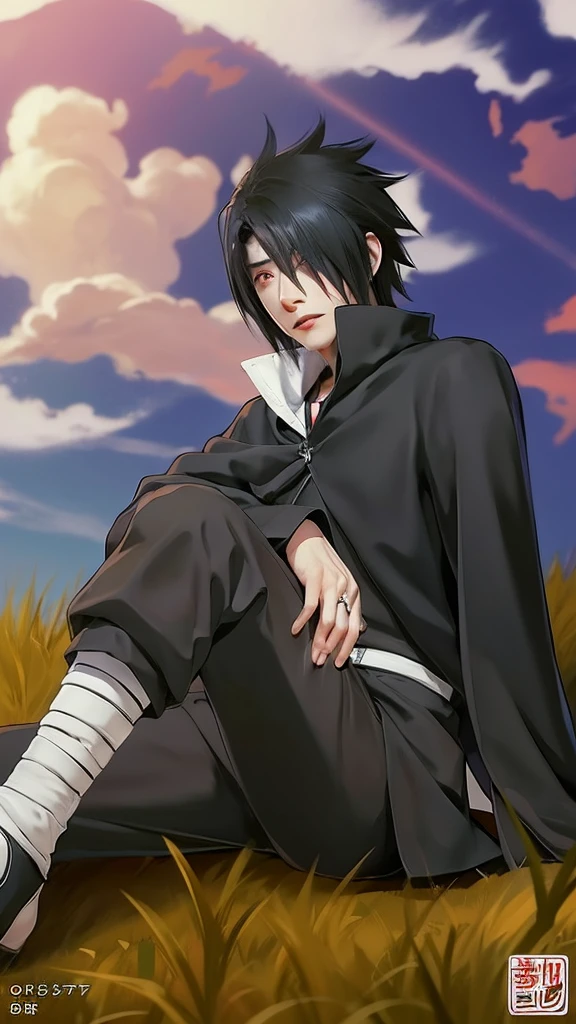 1man, uchiha sasuke in anime naruto, short hair , black hair, red eyes, handsome, black clothes, realistic clothes, detail clothes, outdoor background, ultra detail, realistic