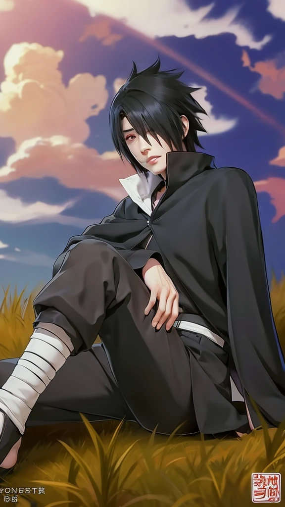 1man, uchiha sasuke in anime naruto, short hair , black hair, red eyes, handsome, black clothes, realistic clothes, detail clothes, outdoor background, ultra detail, realistic