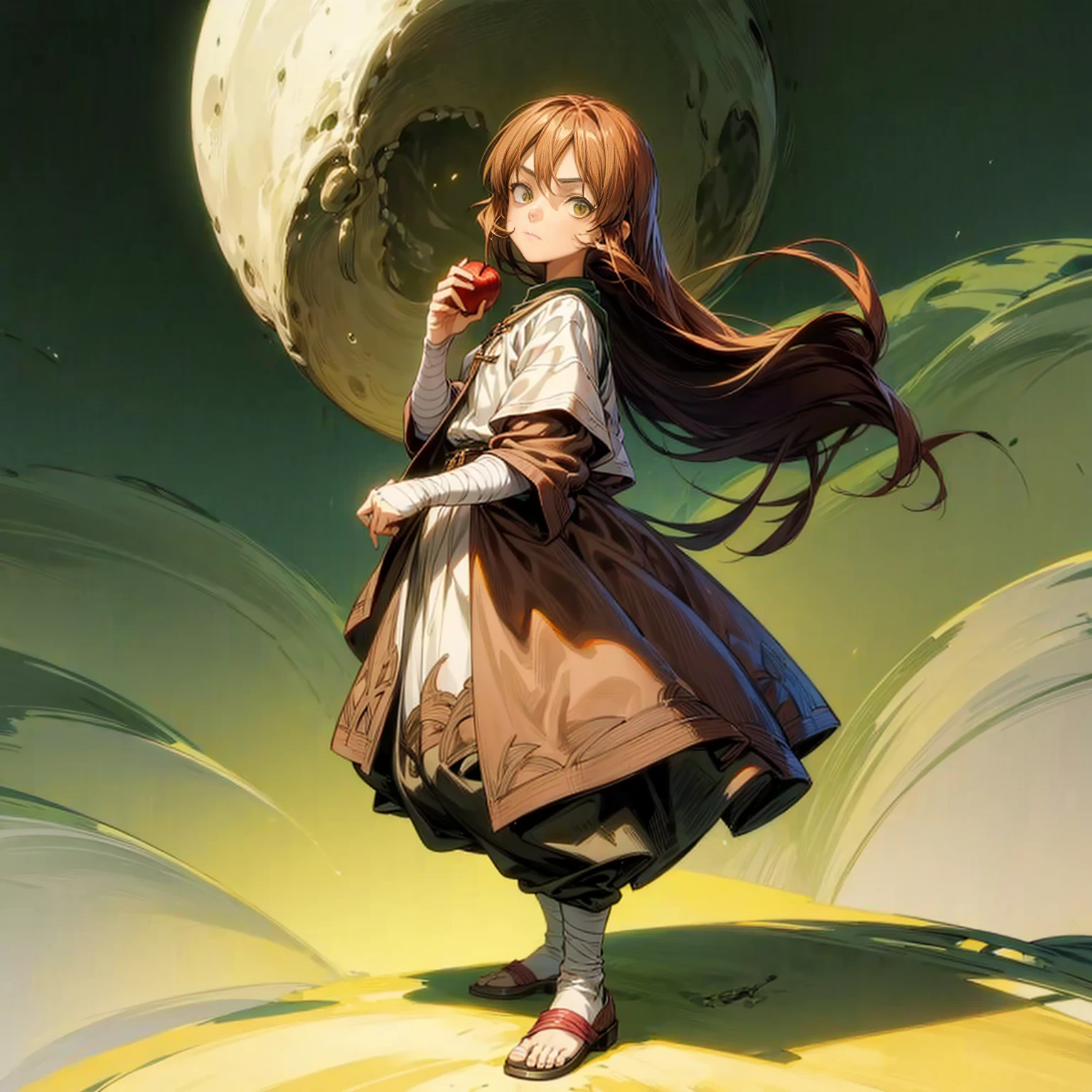 1childern girl, Full body version, 1character, children version, green eyes color, long haircut, brown colour hair, Happy expression, Bandage on his hand, medieval style clothing, Apple in hand, background in town, motion blur, (attack on Titan style art)