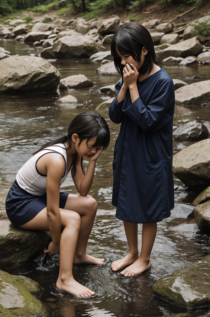 Anime of a Girl standing crying because HER FOOT GOT STUCK in the middle of some rocks next to a stream and her boy friend is next to her looking at her worried
