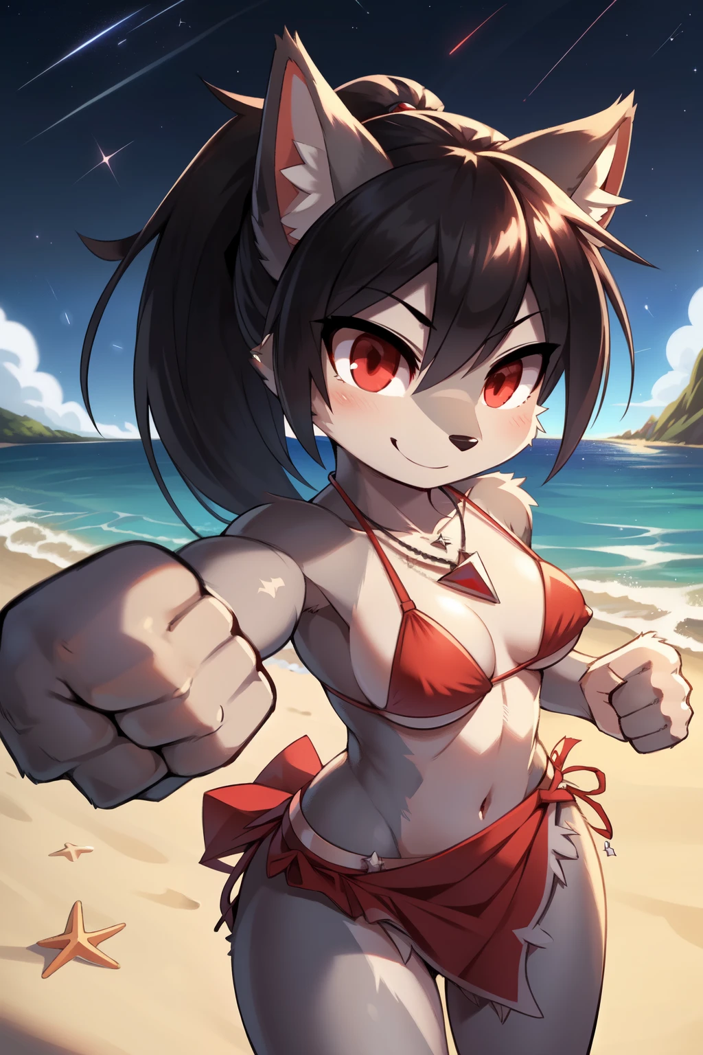 score_9,score_8_up,score_7_up, source_cartoon, source_furry, furry girl, wolf, black hair, punk hairstyle, huge long spiky ponytail, anime style, small breasts, red eyes, ((deep red bikini ruffled triangle, high cut bottom, star necklace, beach sarong with shooting stars on hips)), high quality, detailed body, detailed eyes, detailed face, masterpiece, glistening body, detailed body fur, best quality, two tone body, gray fur, clear gray fur, perfect lighting, perfect shadows, perfect eyes, perfect hair, perfect face, gorgeous body, skinny, solo, :3, smilling, standing, beach, clear sky, glowing red eyes, outdoors, from above, fight, dynamic action shot, speed lines, motion blur, fighter pose, ((punch act, fist, punch focus)), detailed fist, detailed punch,