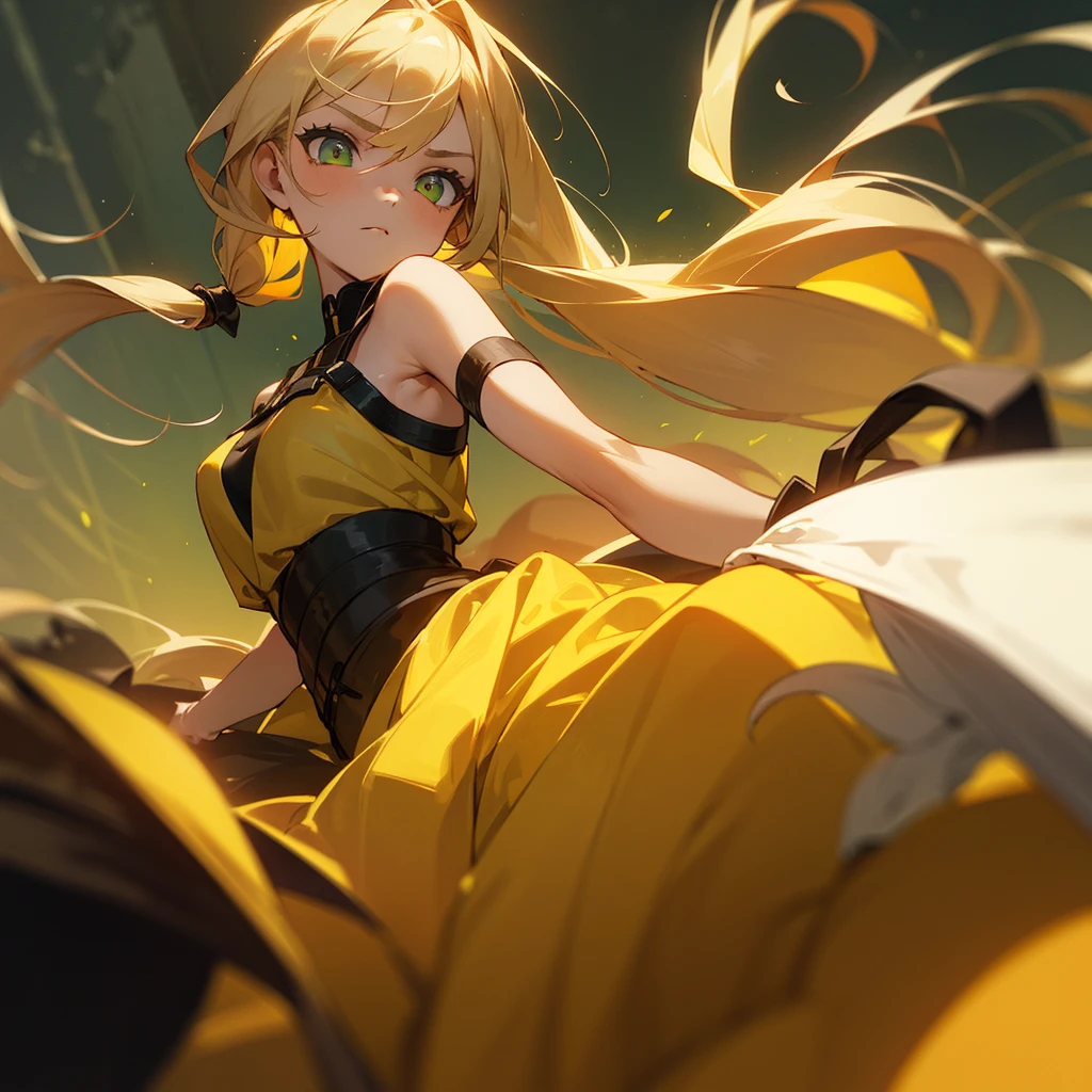 A 19-year-old girl with long, blonde hair styled in pigtails. She wears a flowing yellow dress, her eyes are green. Beside him is a young man with long, dark brown hair. He has a serious look focused on the girl.