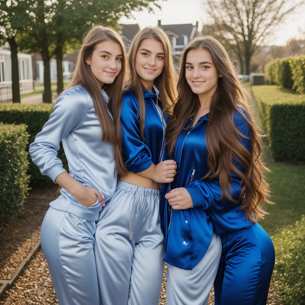 two beautiful young 21 year old Dutch women, hands on hips, beautiful eyes, pretty face, detailed eyes, perfect eyes, (long flowing hair, mix of hair styles), (mix of hair colors), (shiny satin tracksuits), smiling, looking into camera, low light, neighborhood yard in background