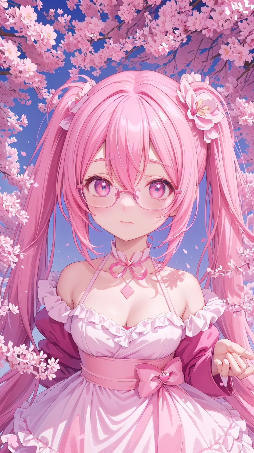 anime girl with pink hair and glasses in a red dress, anime moe artstyle, pink twintail hair and cyan eyes, my dress up darling anime, , made with anime painter studio, 8k!!, sakura petals around her, anime styled 3d, sakura kinomoto, gapmoe yandere, stylized anime, anime stylized