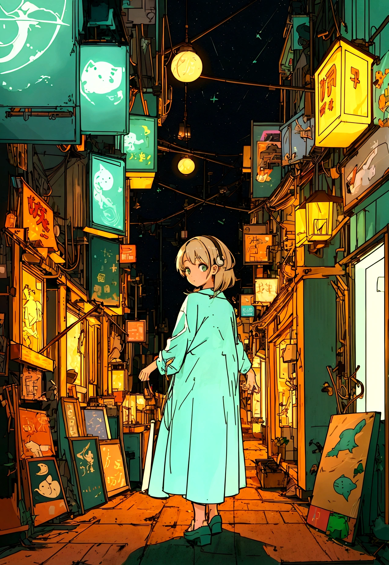 An adorable girl studying inside a room, seen from behind, wearing headphones, at night, with a cat, surrounded by a city pop aesthetic, in an anime-style animation.
(best quality, 4k, highres, realistic:1.37), ultra-detailed, vivid colors, studio lighting, physically-based rendering, extreme detail description, professional, bokeh, portraits, landscape, anime, photography, concept artists, cozy atmosphere, warm tone lighting, vintage cityscape, retro interiors, glowing neon signs, dynamic poses, cute outfit, bookshelves filled with books, modern desk, computer, nocturnal ambiance, moonlight streaming through the window, city lights reflecting on the glass, soft glow from the screen, mysterious shadows, tranquil and calm mood, subtle expressions on the girl's face, headphone wires dangling, the cat sitting next to her, curiously observing, a record player playing city pop music, musical notes floating in the air, animated light streaks, dreamy atmosphere, starry night sky outside the window, vibrant city life, bustling streets, buildings with colorful neon lights, stylish interiors, retro gadgets and decorations, a sense of nostalgia, peaceful and serene environment.