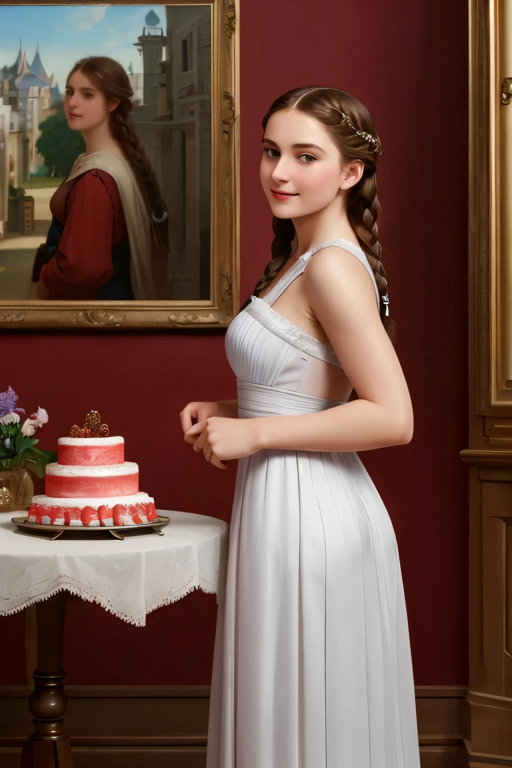 (Masterpiece, Superb, Super Detailed, High Resolution)), solo, beautiful girl RUSSIAN IN BRAIDS, bright eyes, perfect eyes,there are two women standing at a table with a cake, mary jane ansell, nick alm, by Emile Lahner, romantic era painting, inspired by Antonio Ciseri, art style of john collier, tuomas korpi bouguereau, art of emile eisman - semenowsky, inspired by Henryk Siemiradzki, victorian era painting, epic Masterpiece, ultra highest quality, ulra highest resolution, ulra high-definition, distinct_image, very elaborate CG, cinematic lighting, ray tracing, drop shadows, detailed detail, (photorealistic: 1.4), ultra high quality textures, fine-grained, realistic face expression): (lone girl, face is Japan, brown short hair, small size breasts, sparkling eyes, Eye level shot, happy smile, beauty, slim body, holiday,4k、futuristic image、real、concert hall、Many people、back view、Hologram Art、very detailed、wide angle lens、damp medieval town、3D hologram、projectolm、geometric、Vibrant and fantastic plants、big house、anime background、