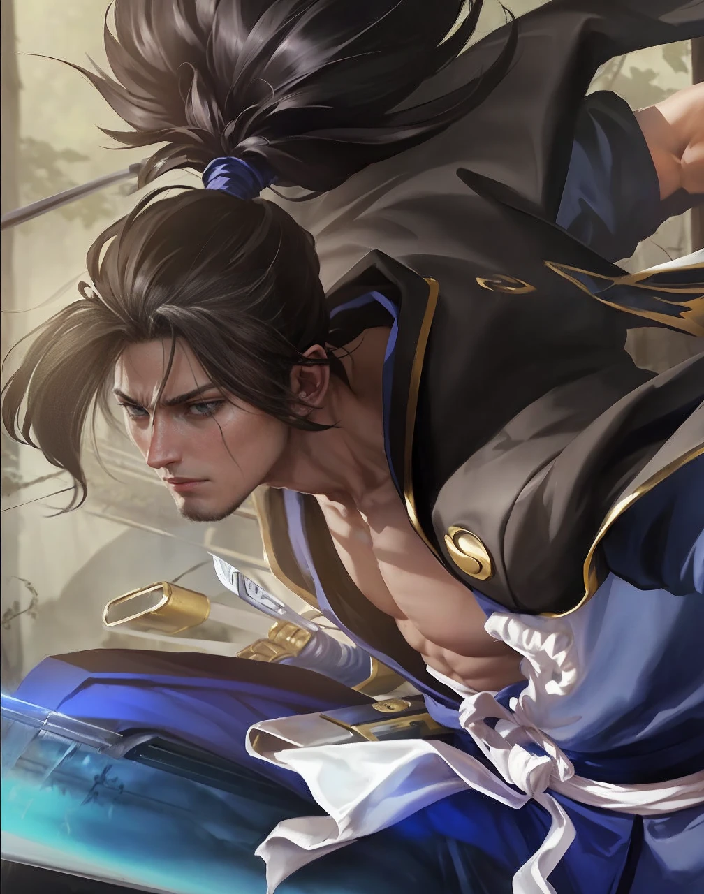 Masterpice, high quality, 4k,Attack on Titan anime, levi ackerman, excellent quality, levi ackerman standing with a knife in the forest, good face, levi ackerman character, masterpiece, 2d
