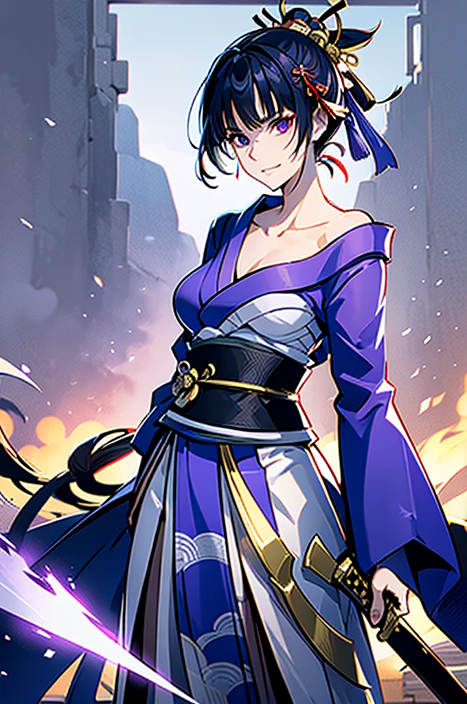 ((roll up bandage sideways on a  chest tightly to cover the chest without gaps)), ,Japanese Gangster BOSS, adult woman with the dignified presence, Killing Qi, don't wear around shoulder and neck,wear the kimono from the waist down, ((kimono come off)) ,wear the kimono multiple times, Bare shoulders and the clavicle, black and gold kimono, put on over jacket of kimono, holding a japanese sword which shine in purple, long sword, eye fire, low angle, whole body, bandage is seen, anime character, Glaring, off sholder, nappropriate smile, Excellent, black blue hair, can see both shoulder, long hem
