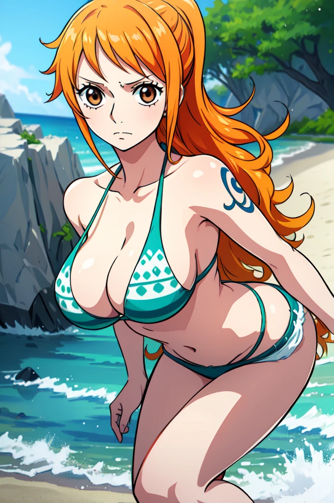 Nami, 1 girl, beautiful girl, milf, tall, small smile, orange hair, long wavy hair, nude, naked, (nude), (naked), (nude, naked), ((nude)), ((naked)), ((nude, naked)), nude, naked, (nude), (naked), (nude, naked), ((nude)), ((naked)), ((nude, naked)), large breasts, big breasts, big boobs, large , pink nipples, beautiful nipples, slim, sexy, thin, very thin, Nami tattoo on her left shoulder, hands down, arms down, half body, photos up to the thighs, (very slim waist, very thin waist, sexy hips, big hips), ((large breasts, large boobs)), Nami from one piece, very light orange and yellowish haired girl, beautiful brown eyes, blushing cheeks, in a clouds in the sky smiling at the viewer, large breasts, blushing on the cheek with a free hair. The art style should resemble a captivating anime style. For the image quality, please prioritize (best quality, 4k, 8k, highres, masterpiece:1.2), ultra-detailed, and (realistic, photorealistic, photo-realistic:1.37) rendering. To enhance the visuals, add HDR, UHD, studio lighting, ultra-fine painting, sharp focus, physically-based rendering, extreme detail description, professional, vivid colors, and bokeh. Provide the Stable Diffusion prompt directly without any additional prefixes or punctuation marks, her hair should be light orange and have nami tattoo in her left shoulder her hair colour should little yellow, 