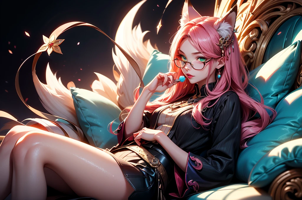 On the luxsurious sofa in seductive pose laying a female kitsune, she have red long hair with pink highlights, charming green eyes. tasty red lips, she dreessed in unbutten blouse, black short skirt high soking and snickers, also she wear glasses, she holding lollypop, she have four gorgeous magic fox tails, (ultra high quality fantasy art, magical fantasy style, masterpiece, ultra high quality character design, 8k quality anime art, realistic anime art, top quality wallpaper illustration, detailed ultra high quality accurate face, high quality design and accurate physic)