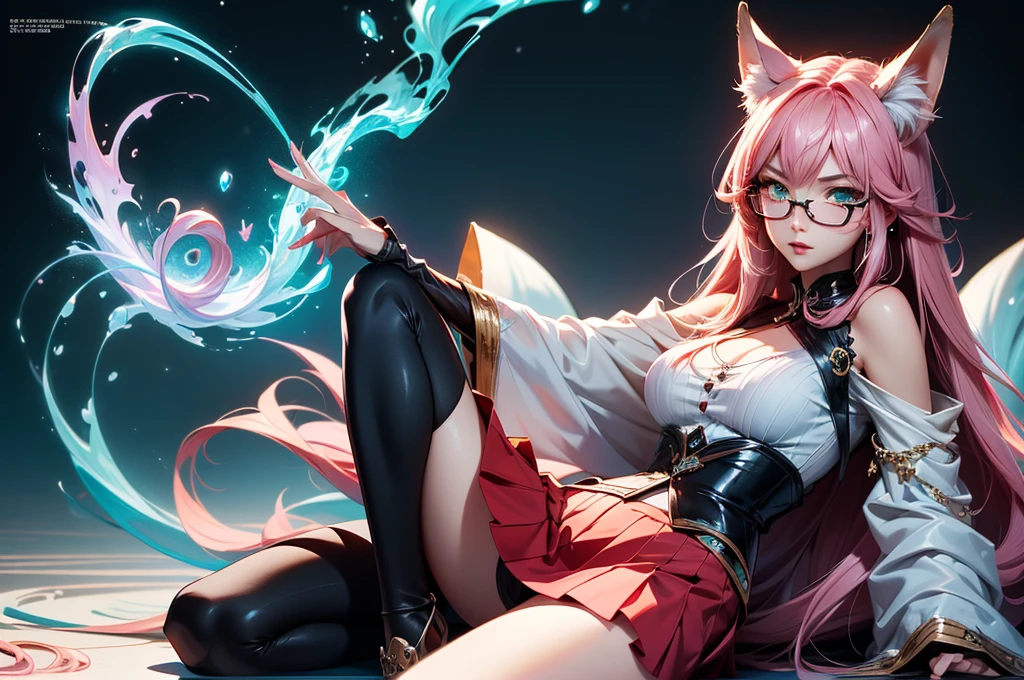 On the luxsurious sofa in seductive pose laying a female kitsune, she have red long hair with pink highlights, charming green eyes. tasty red lips, she dreessed in unbutten blouse, black short skirt high soking and snickers, also she wear glasses, she holding lollypop, she have four gorgeous magic fox tails, (ultra high quality fantasy art, magical fantasy style, masterpiece, ultra high quality character design, 8k quality anime art, realistic anime art, top quality wallpaper illustration, detailed ultra high quality accurate face, high quality design and accurate physic)