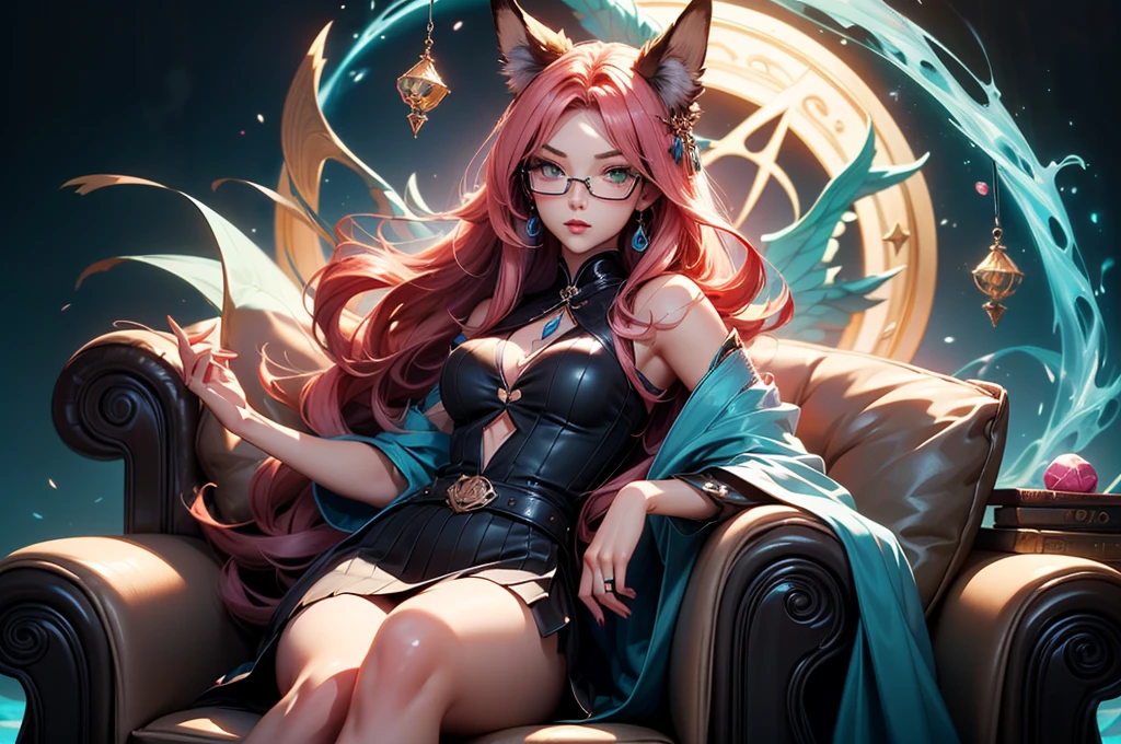 On the luxsurious sofa in seductive pose laying a female kitsune, she have red long hair with pink highlights, charming green eyes. tasty red lips, she dreessed in unbutten blouse, black short skirt high soking and snickers, also she wear glasses, she holding lollypop, she have four gorgeous magic fox tails, (ultra high quality fantasy art, magical fantasy style, masterpiece, ultra high quality character design, 8k quality anime art, realistic anime art, top quality wallpaper illustration, detailed ultra high quality accurate face, high quality design and accurate physic)
