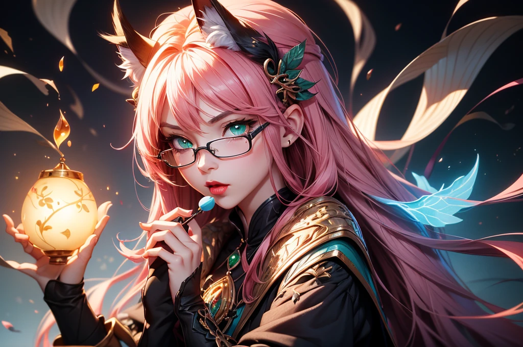 On the luxsurious sofa in seductive pose laying a female kitsune, she have red long hair with pink highlights, charming green eyes. tasty red lips, she dreessed in unbutten blouse, black short skirt high soking and snickers, also she wear glasses, she holding lollypop, she have four gorgeous magic fox tails, (ultra high quality fantasy art, magical fantasy style, masterpiece, ultra high quality character design, 8k quality anime art, realistic anime art, top quality wallpaper illustration, detailed ultra high quality accurate face, high quality design and accurate physic)