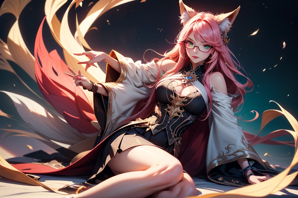 On the luxsurious sofa in seductive pose laying a female kitsune, she have red long hair with pink highlights, charming green eyes. tasty red lips, she dreessed in unbutten blouse, black short skirt high soking and snickers, also she wear glasses, she holding lollypop, she have four gorgeous magic fox tails, (ultra high quality fantasy art, magical fantasy style, masterpiece, ultra high quality character design, 8k quality anime art, realistic anime art, top quality wallpaper illustration, detailed ultra high quality accurate face, high quality design and accurate physic)