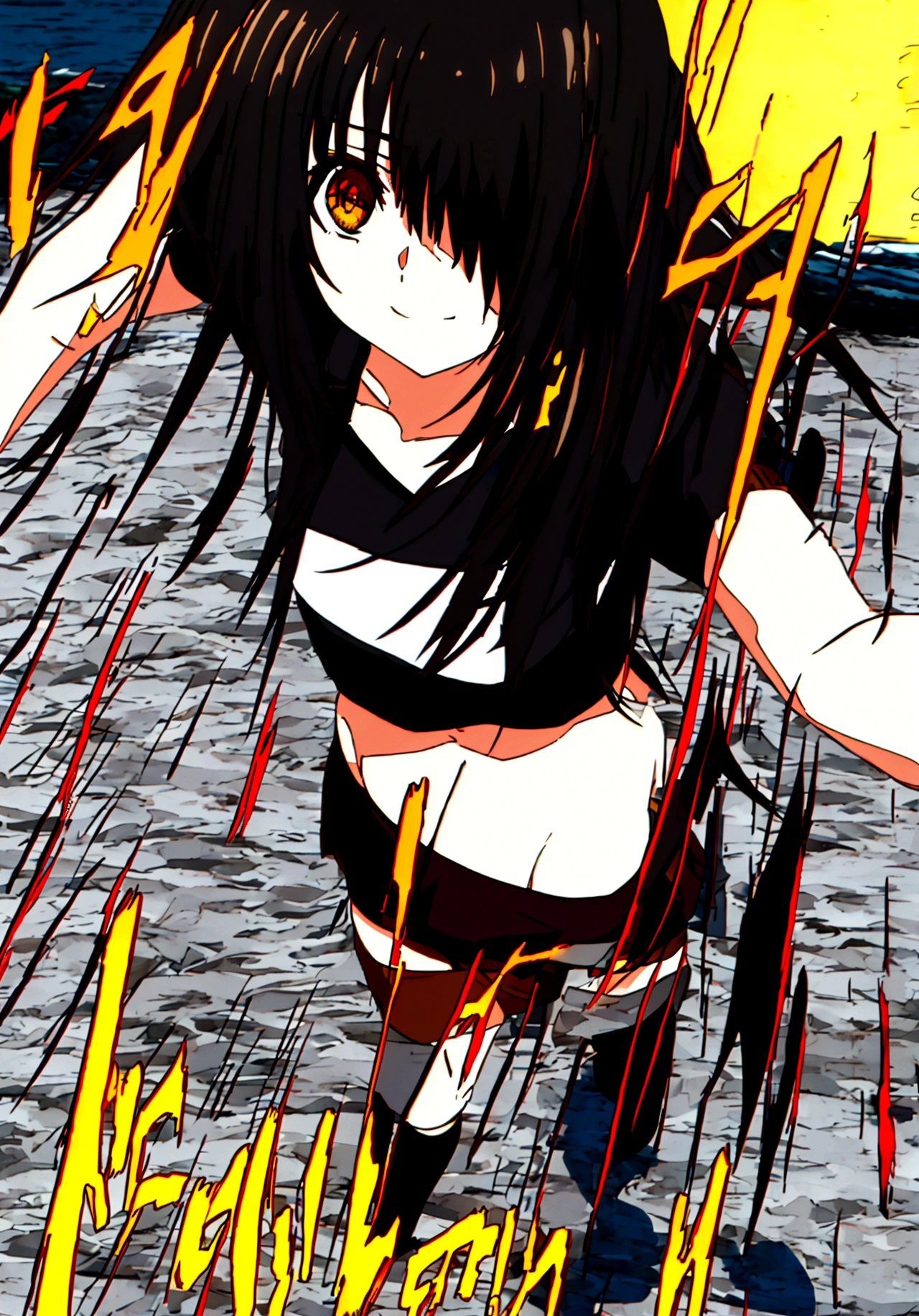 ultra-detailed,highly detailed,best quality,masterpiece,illustration, 
1girl, ((tokisaki kurumi)), cosplay, hair over one eye, ((right red eye, left yellow eye)), looking at viewer, happy girl, low twintails, ((t-shirts)), (((black hotpants))), hair rings, loafers,
(Outdoors) , walking, beach
