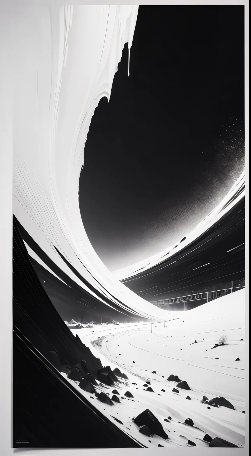 Winter bustle，Minimalist black and white poster，Abstract Art，Apocalyptic landscape，Award-winning works，Award-winning
