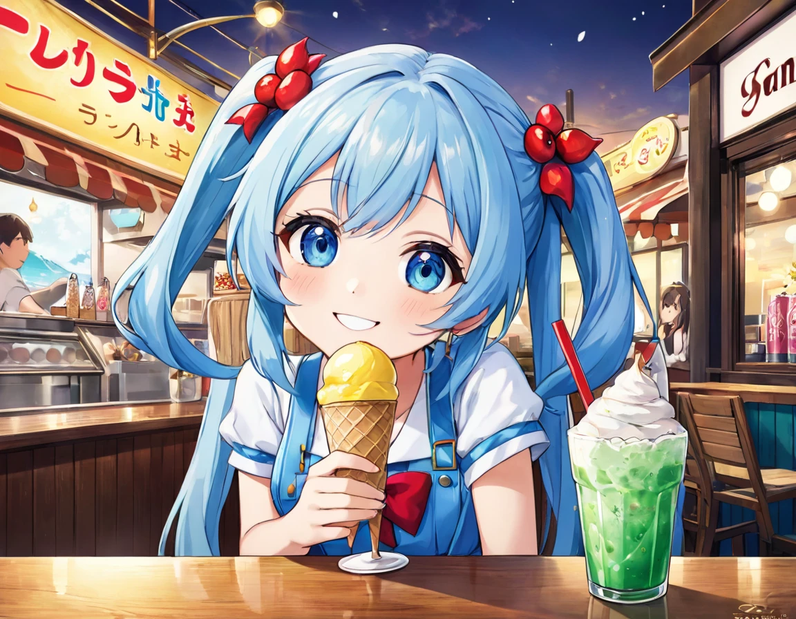 Ice cream and cherry on a green drink in a seaside cafe decorated with flowers、girl, Light blue long hair、Beautiful girl with twin tails、Bright smile、cream soda、Cute realistic portrait, かわいいgirlのアニメビジュアル, ソーダをテーマにしたgirl, かわいいアニメのgirl,With a straw, Splash art anime