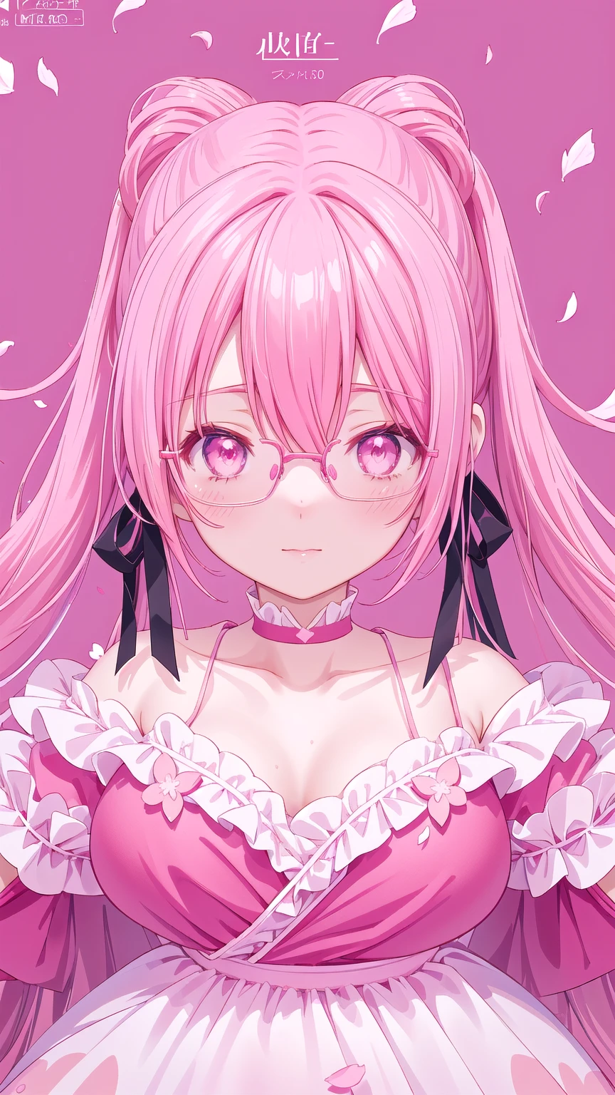 anime girl with pink hair and glasses in a red dress, anime moe artstyle, pink twintail hair and cyan eyes, my dress up darling anime, , made with anime painter studio, 8k!!, sakura petals around her, anime styled 3d, sakura kinomoto, gapmoe yandere, stylized anime, anime stylized