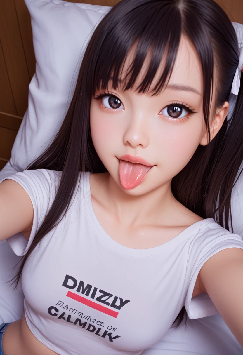 ollarbone,pastel colors t-shirt,off-shoulder look,bare shoulder,midriff peek,micro shorts,open mouth,(tongue out:2),lying,Selfie,looking ahead,from above,front view,upper body,(1girl,Beautiful 14 year old girl),((Slender,Small breasts,Small face,)),looking at viewer,Black Hair,bangs,one side up,Beautiful and detailed,Mischievous smile,(Dimly lit room:1.5),Simple Background,bed,pillow,best quality,Brilliant Quality