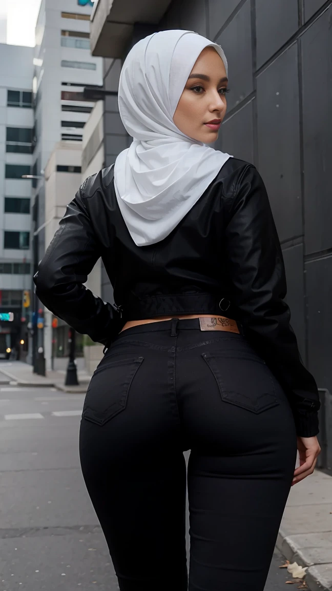 A woman wearing a black jacket, tight jeans, a big butt, and a full white hijab