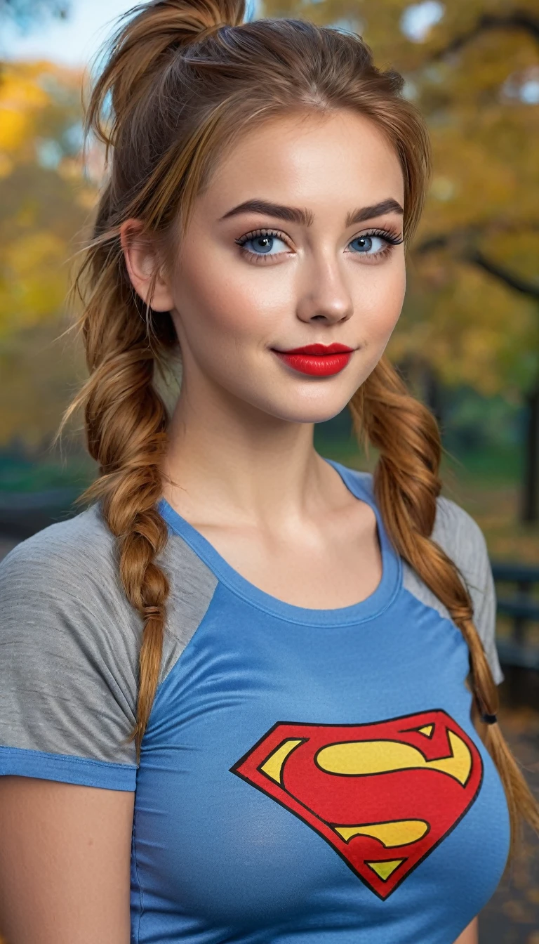 ultrarealistic high quality fullbody photo of a beautiful busty slim european 19-year-old mwoman with cute hyperdetailed shy face and ginger long messy ponytail hair and happy face, realistic round hazel eyes, red lips, dark eye makeup with eyeliner, wearing grey t-shirt and metallic crayola blue spandex short leggins, hourglass body, outdoor shooting in central park