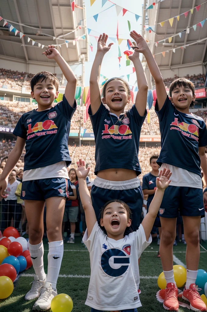 (Children's Day illustration), three children dressed in casual sportswear raise their hands and cheer on the football field, which is bright and warm, surrounded by streamers and balloons, and the crowd cheers. Characters occupy a small part of the picture.