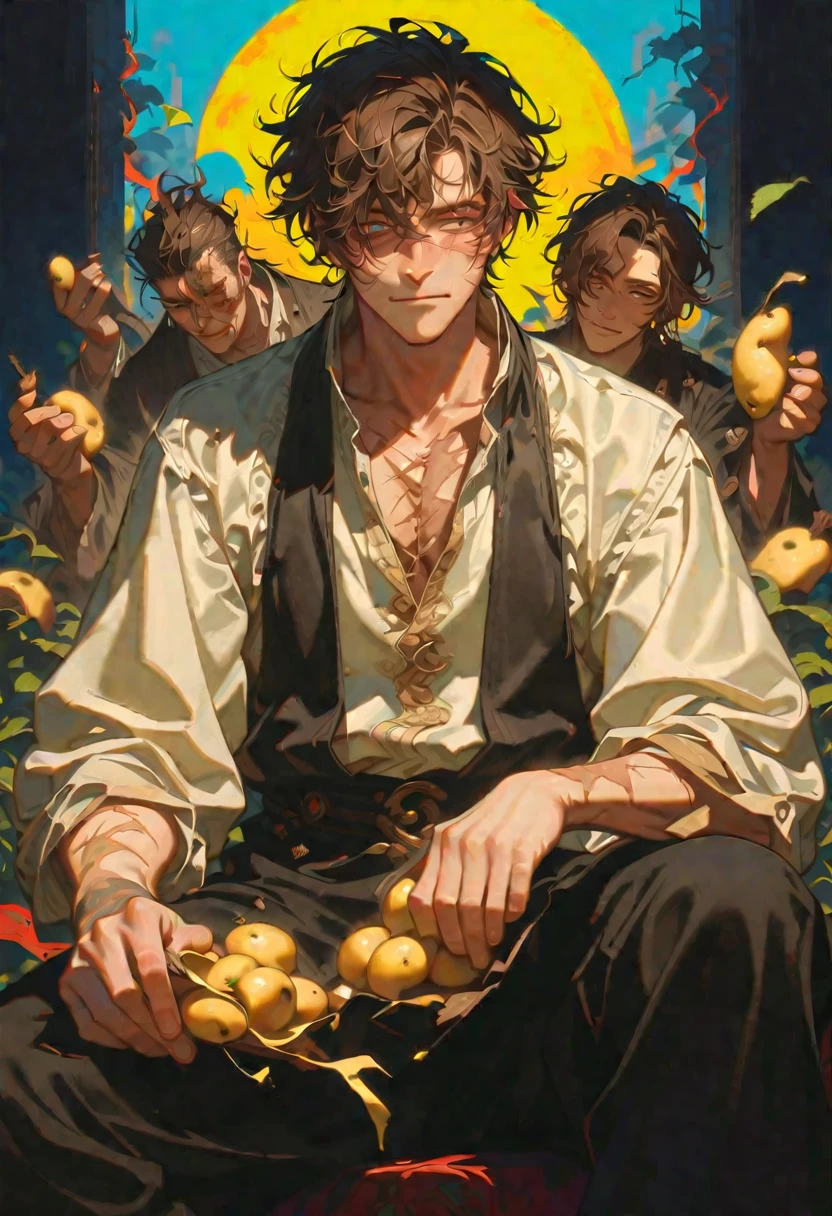 style 9, a man with brown hair cut low, a large scar on the right side of his face up to his eye, the left eye is Honey and the right eye is apocalyptic old clothes, sitting peeling potatoes