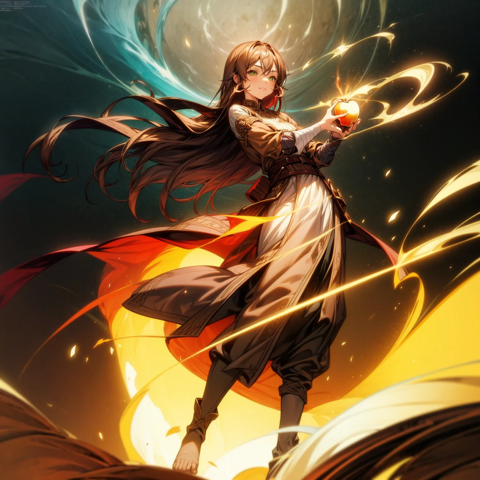 1girl, Full body version, 1character, adult version, green eyes color, long haircut, brown colour hair, Happy expression, Bandage on his hand, medieval style clothing, Apple in hand, background in town, motion blur, aura effect, lighting Apple, smoke aura in hand