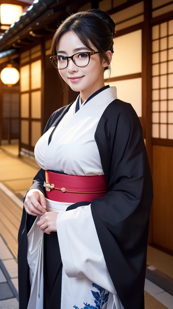 (Super beautiful woman in kimono)、((highest quality、8K masterpiece:1.3))、sharp focus:1.2、(super beautiful face:1.0)、(shiny skin:1.0)、realistic pictures、black hair、video lighting、High resolution eyes and face、video lighting、japanese actress、from the front、big breasts、with a happy smile、Slender abs beauty、whole body、wearing a kimono、in Kyoto、(((luxury obi)))、In Kyoto at night、wearing glasses with no edge、with a fan