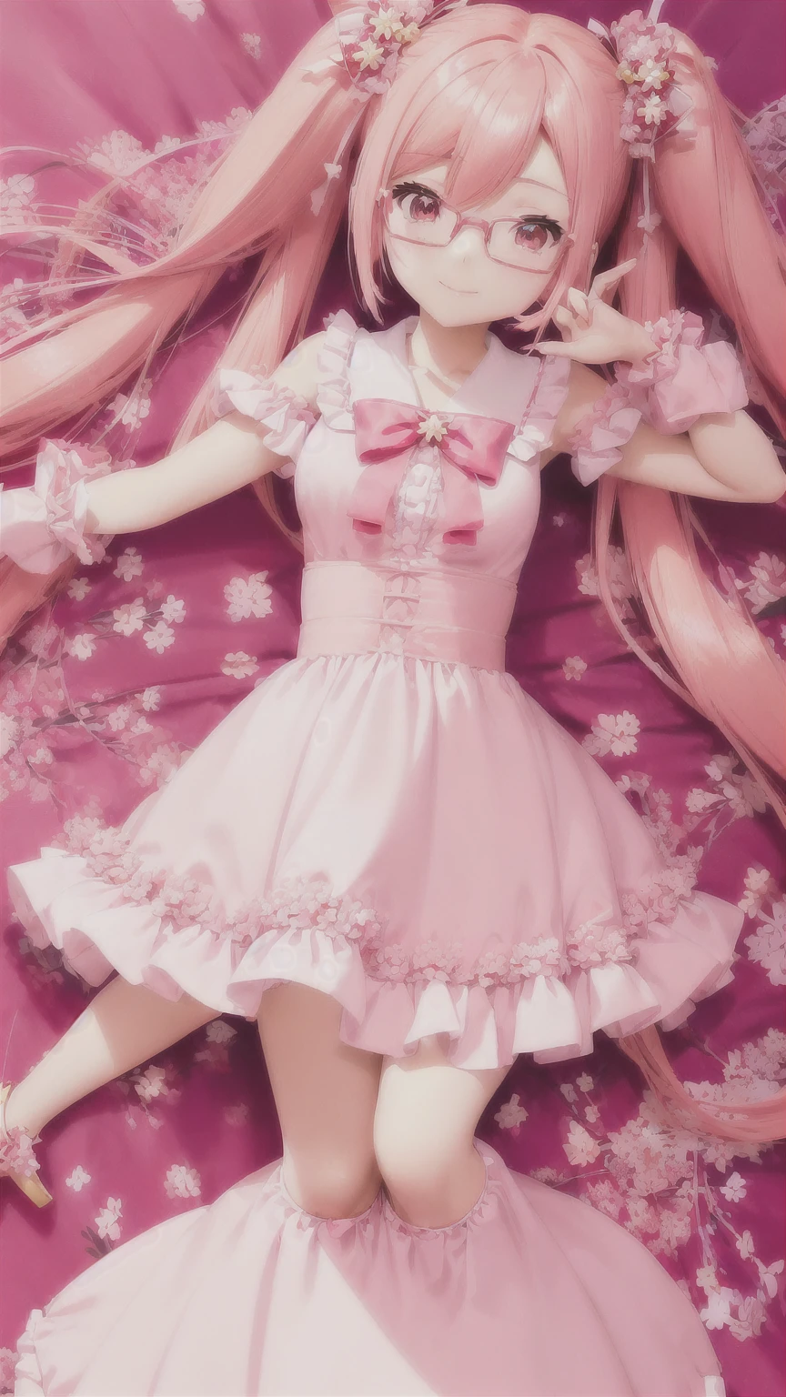 anime girl with pink hair and glasses in a red dress, anime moe artstyle, pink twintail hair and cyan eyes, my dress up darling anime, , made with anime painter studio, 8k!!, sakura petals around her, anime styled 3d, sakura kinomoto, gapmoe yandere, stylized anime, anime stylized
